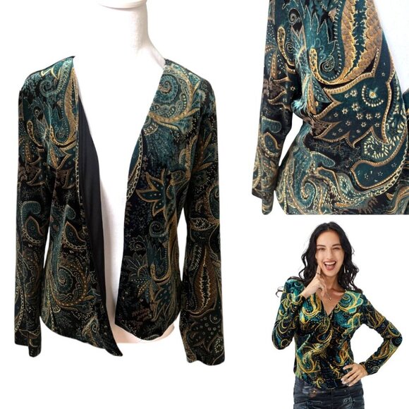 Y2K 2000'S VELVET PAISLEY SPARKLY JEWEL TONE JACKET S/M XSCAPE - Picture 2 of 4